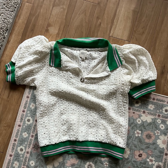Maeve Tops - Maeve White Eyelet Polo Top with Green Trim